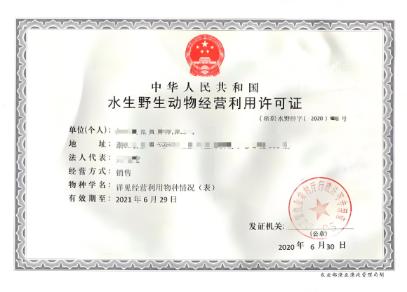 海南國家重點(diǎn)保護(hù)水生野生動(dòng)物及其產(chǎn)品經(jīng)營許可證